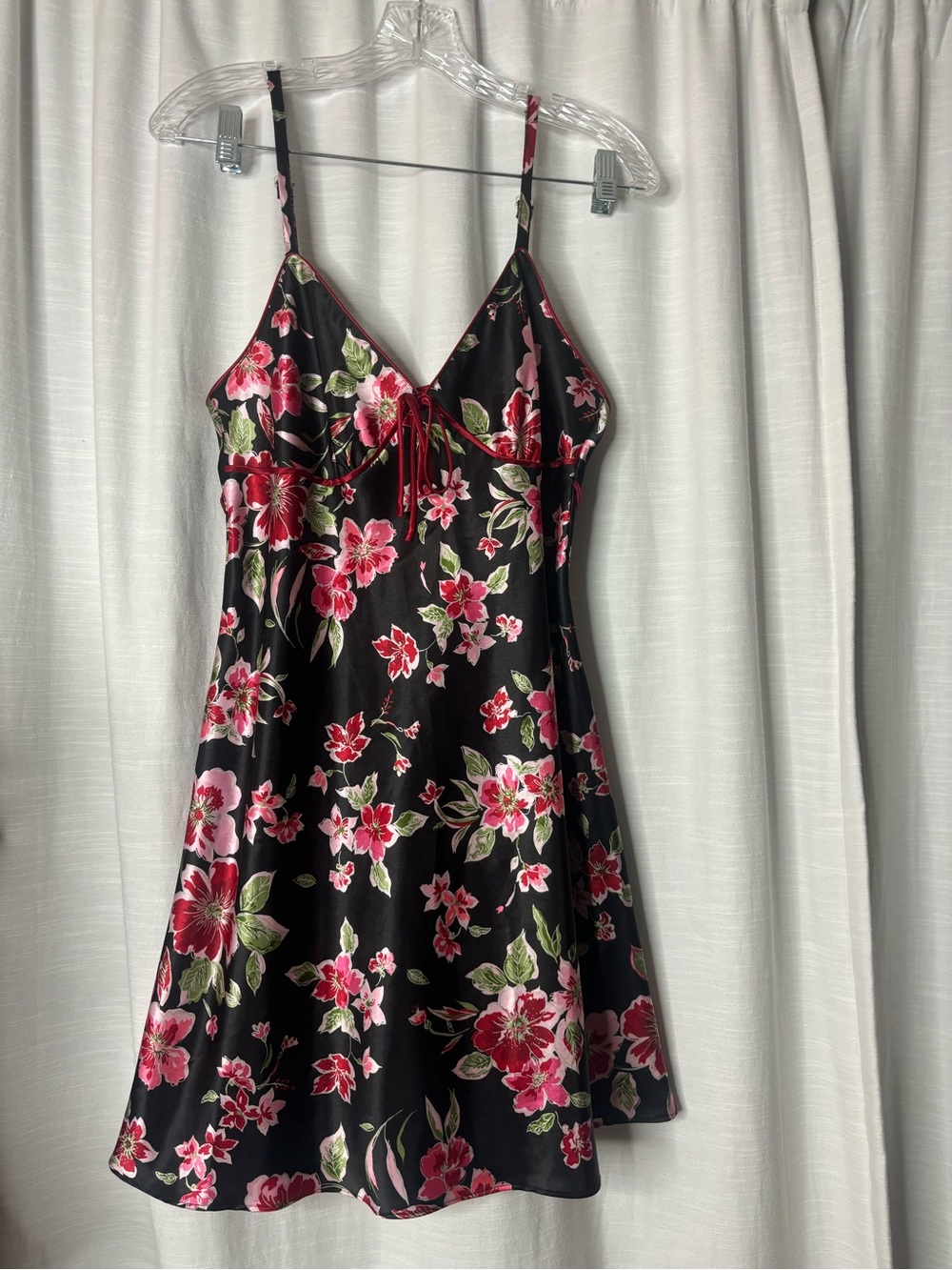 Adonna Black Floral Satin Slip Dress with Pink & Green Accents